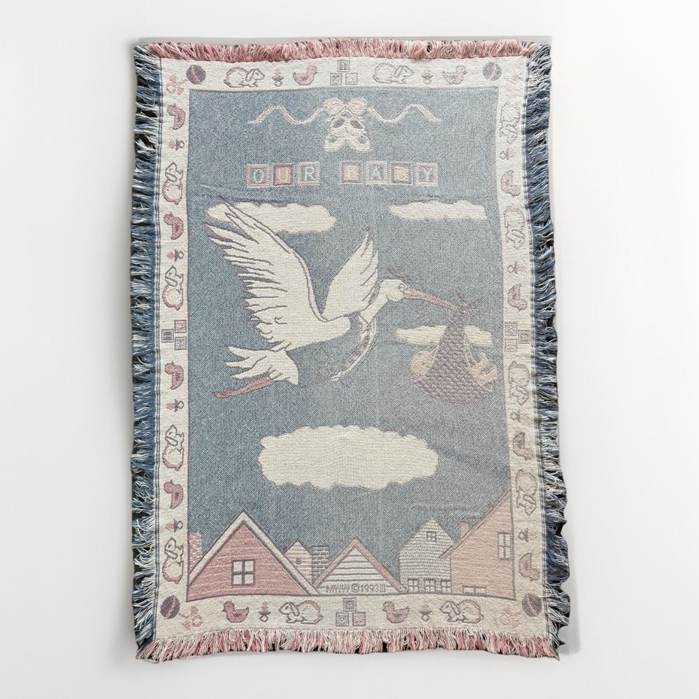 Vtg 1993 MWW Fringe Tapestry Throw Blanket "Our Baby" Multicolor 47"x32" Stork